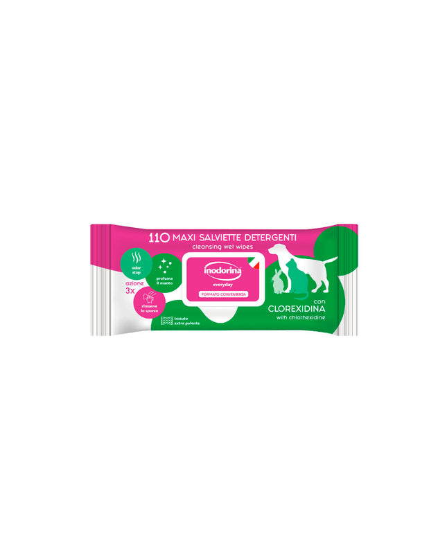 Inodorina Refresh pet wipes for dogs, 110 moist cloths, showing packaging and a dog being cleaned