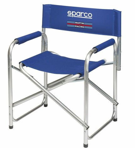 Blue Sparco Martini Racing foldable chair for sport, outdoor, camping, and hiking, with a compact design and racing-inspired style.
