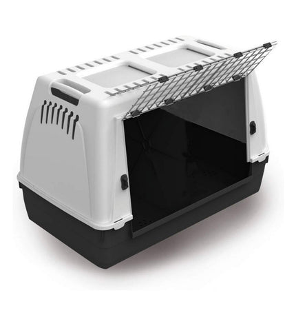Nayeco Bracco 100 cat carrier with sturdy plastic body and ventilation holes for comfortable pet transportation.