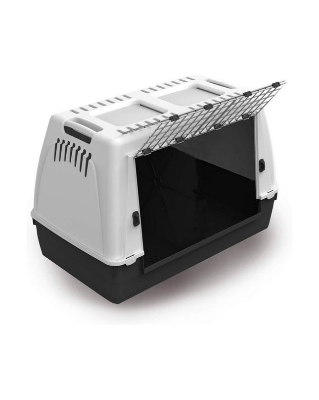 Nayeco Bracco 100 cat carrier with sturdy plastic body and ventilation holes for comfortable pet transportation.