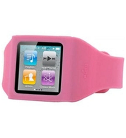 Pink Muvit iPod Nano 6G case designed for sport and outdoor use, showing a close-up of the protective cover on the device.