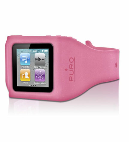 Pink Muvit iPod Nano 6G sport case, protective soft silicone cover with cutouts for buttons and screen.