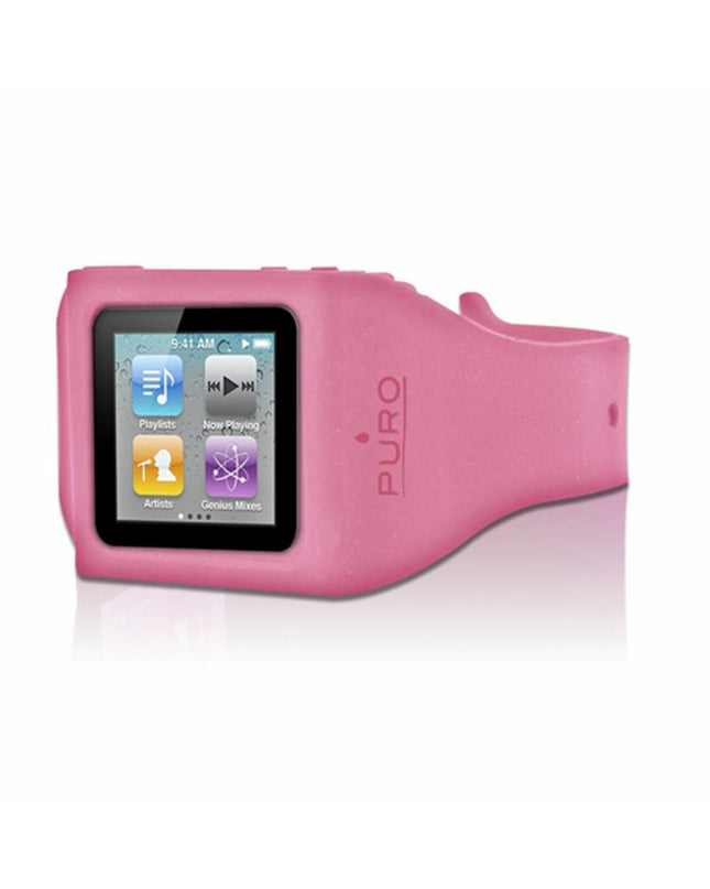 Pink Muvit iPod Nano 6G sport case, protective soft silicone cover with cutouts for buttons and screen.
