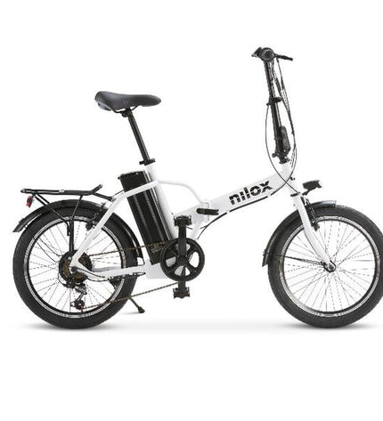 Nilox J1 PRO electric bike in white with 20-inch wheels, 250W motor, and 9600mAh battery, suitable for sport and outdoor riding.