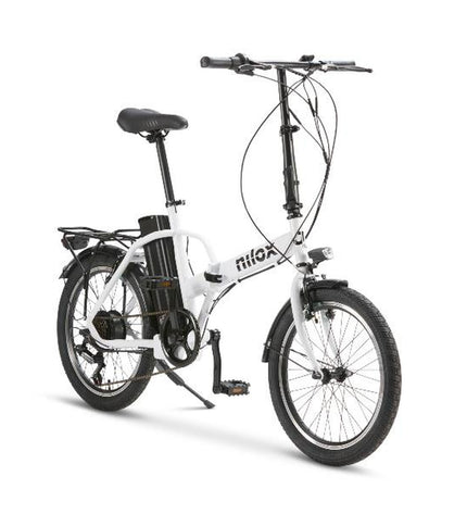 Nilox J1 PRO electric bike in white with 20-inch wheels, 250W motor and 9600mAh battery, designed for sport and outdoor riding.