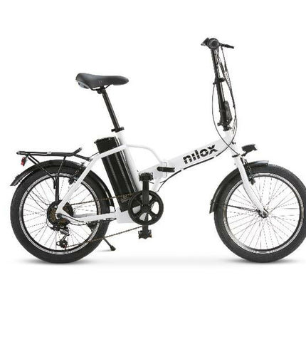 Nilox J1 PRO electric bike in white with 20-inch wheels, 250W motor, and 9600mAh battery, designed for sport and outdoor cycling.