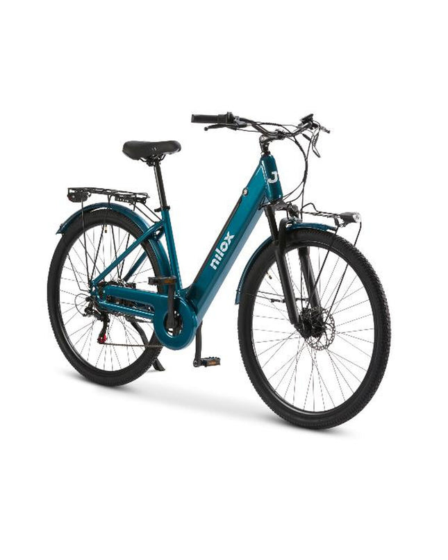 Nilox J7 electric bike in green with 28-inch wheels and 250W motor, designed for sport and outdoor cycling.