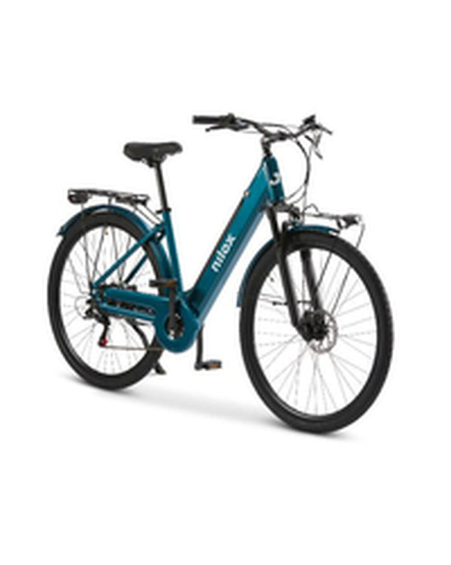 Nilox J7 green electric bike with 28-inch wheels and 250W motor, designed for sport and outdoor cycling activities.