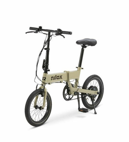 Nilox J2 beige electric bike with 16-inch wheels, 250W motor, designed for sport and outdoor cycling activities.