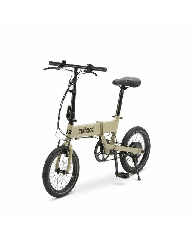 Nilox J2 beige electric bike with 16-inch wheels, 250W motor, designed for sport and outdoor cycling activities.