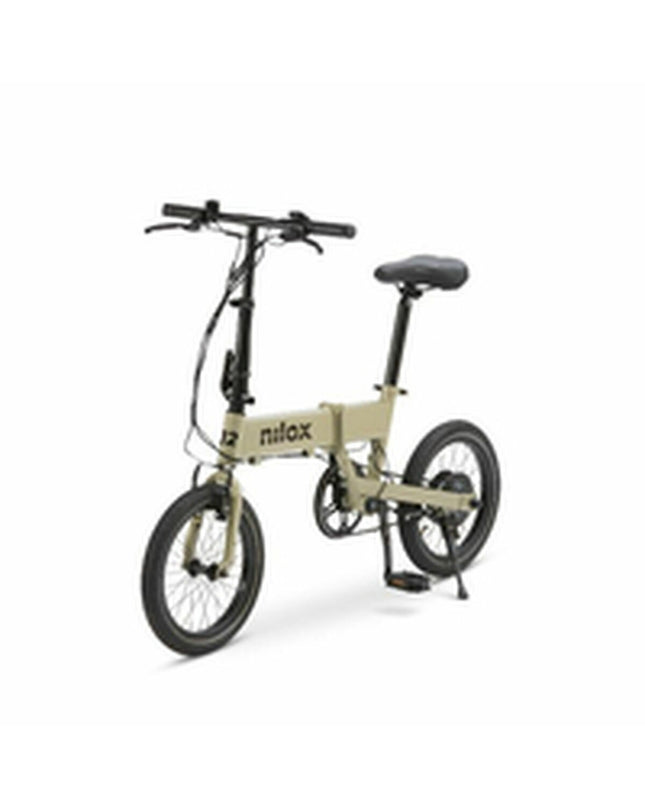 Nilox J2 beige electric bike with 16-inch wheels, 250W motor, designed for sport and outdoor cycling.