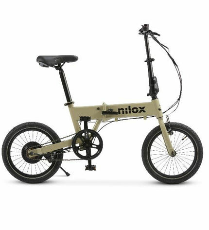 Nilox J2 beige electric bike with 16-inch wheels, 250W motor, designed for sport and outdoor cycling activities.