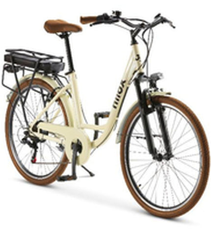 Nilox J5 PRO electric bike in white with 26-inch wheels, 250W motor, designed for sport and outdoor cycling.