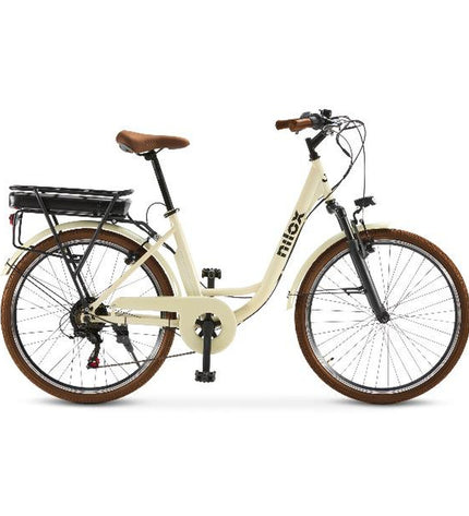 Nilox J5 PRO electric bike in white with 26-inch wheels, featuring 250W motor for sport and outdoor cycling adventures.