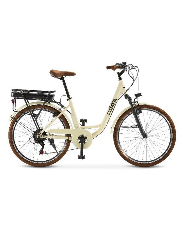 Nilox J5 PRO electric bike in white with 26-inch wheels, featuring 250W motor for sport and outdoor cycling adventures.