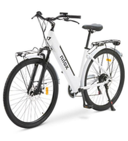 Nilox J7 electric bicycle in white with 28-inch wheels, 250W motor, designed for sport and outdoor cycling.