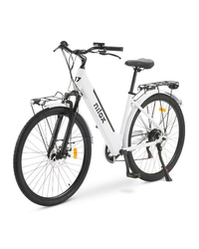 Nilox J7 electric bicycle in white with 28-inch wheels, 250W motor, designed for sport and outdoor cycling.