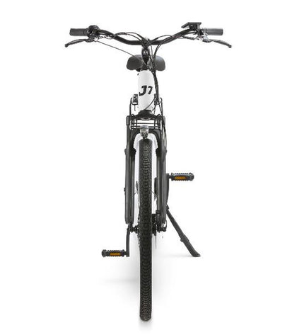 Nilox J7 electric bike in white with 28-inch wheels and 250W motor, designed for sport and outdoor cycling activities.