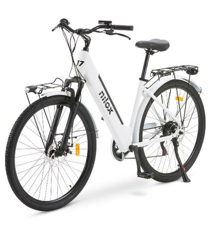 Nilox J7 electric bike in white with 28-inch wheels and 250W motor, suitable for sport and outdoor cycling.