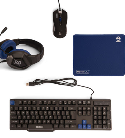 Sparco Pack Gaming SPGAMEKITESP Qwerty Spanish electronic plug and play game console with gaming controllers and accessories.
