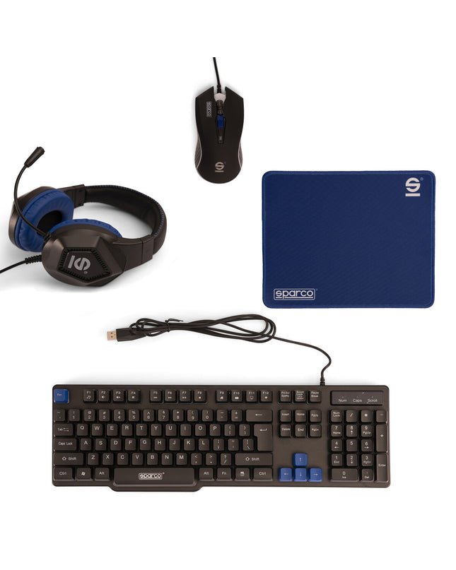 Sparco Pack Gaming SPGAMEKITESP Qwerty Spanish electronic plug and play game console with gaming controllers and accessories.