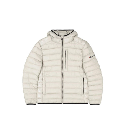 Beige men's Champion sport jacket with hood, outdoor sportswear, lightweight and comfortable for active wear.