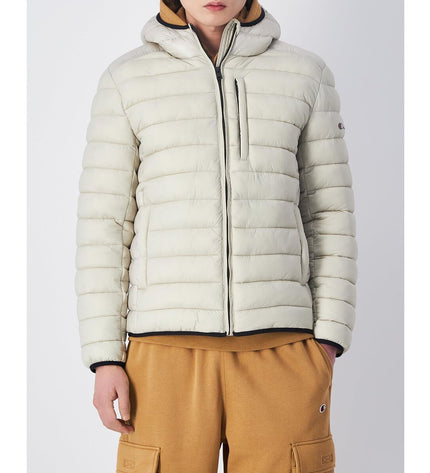 Beige Champion men's sport hoodie, outdoor jacket with hood, casual and athletic style, front pocket, lightweight and comfortable.