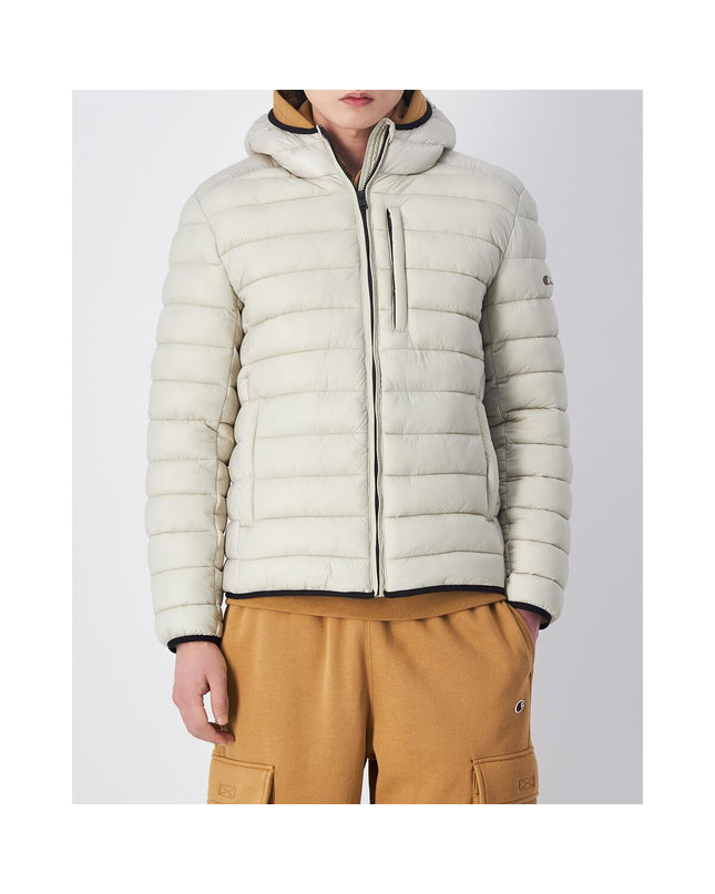 Beige Champion men's sport hoodie, outdoor jacket with hood, casual and athletic style, front pocket, lightweight and comfortable.