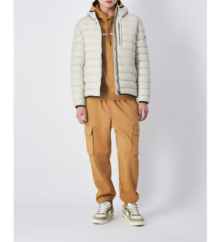 Beige Champion men's sports hoodie with hood, front pockets, and athletic fit for outdoor activities and casual wear.