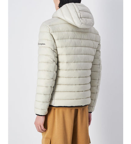 Beige Champion men's sport hoodie jacket with hood, casual sport and outdoor clothing, front view showing zipper and logo.