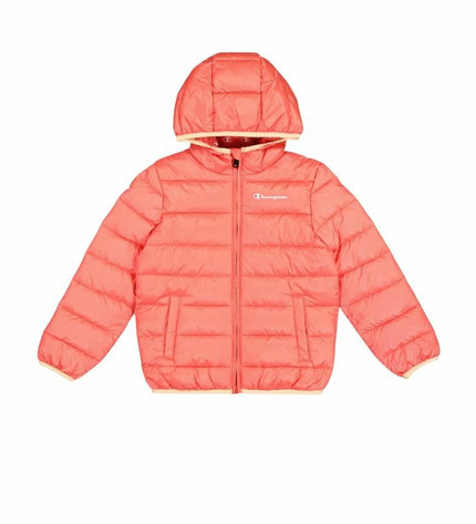 Champion men's sport jacket in coral, hooded outdoor sportswear with a sporty fit and lightweight fabric for active wear.