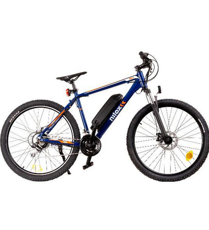 Nilox X6 PLUS electric bicycle in black and blue, 27.5-inch wheel, 250W motor, 12800mAh battery for outdoor riding.