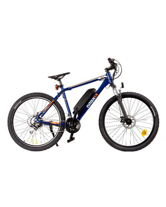 Nilox X6 PLUS electric bicycle in black and blue, 27.5-inch wheel, 250W motor, 12800mAh battery for outdoor riding.