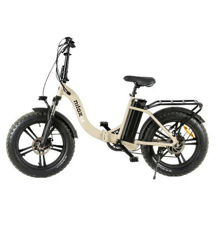 Nilox X9 PLUS electric bike in beige with 20-inch wheels, 250W motor, and 13000mAh battery, designed for sport and outdoor riding.