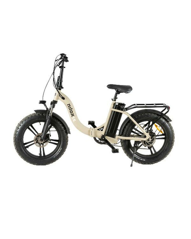 Nilox X9 PLUS electric bike in beige with 20-inch wheels, 250W motor, and 13000mAh battery, designed for sport and outdoor riding.