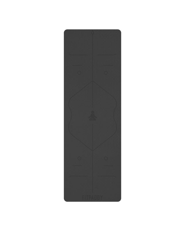 Black Fitpaddy yoga mat for fitness and outdoor exercises, textured surface for grip and comfort during workouts.