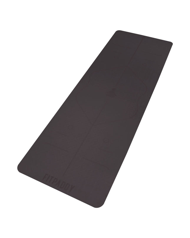 Black Fitpaddy yoga mat for fitness and outdoor exercise, textured surface for stability and comfort during workouts.