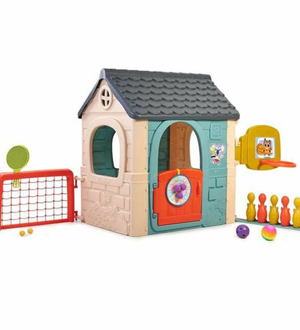 Feber speelgoedhuis voor kinderen met zes activiteiten, kleurrijk speelhuis in outdoor speelgoed en games voor kids.
