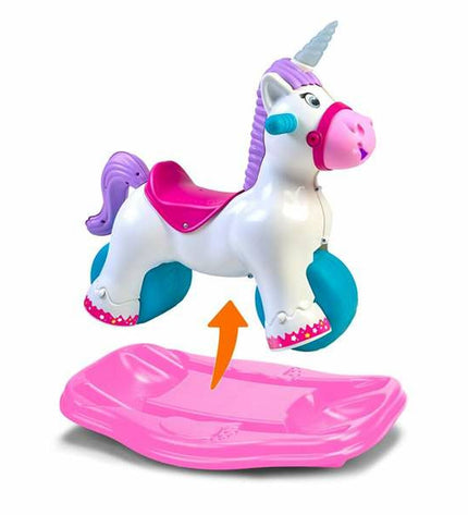 Feber baby unicorn ride-on toy, colorful plastic driewieler for young children, suitable for indoor and outdoor play.