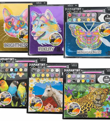 BigBuy Fun Crystal Art Diamantiny educational game in assorted colors, 32x32 cm, with diamond-like embellishments and game accessories.