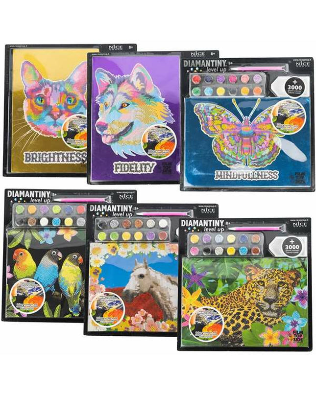 BigBuy Fun Crystal Art Diamantiny educational game in assorted colors, 32x32 cm, with diamond-like embellishments and game accessories.