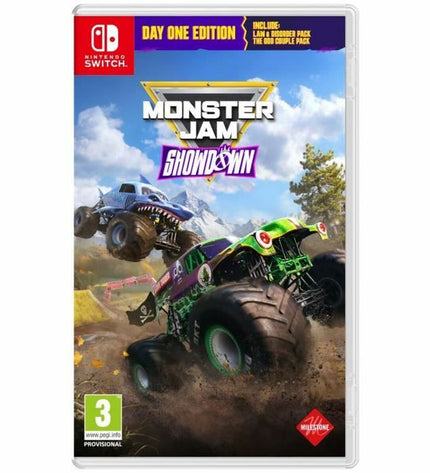 Milestone Monster Jam Showdown Switch video game for electronic plug-and-play console, Day One Edition, featuring monster trucks.