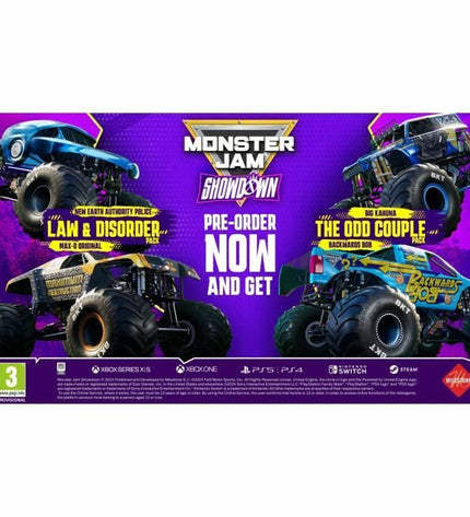 Milestone Monster Jam Showdown Switch game cartridge for electronic plug-and-play console, Day One Edition.
