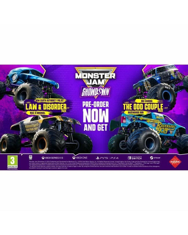 Milestone Monster Jam Showdown Switch game cartridge for electronic plug-and-play console, Day One Edition.