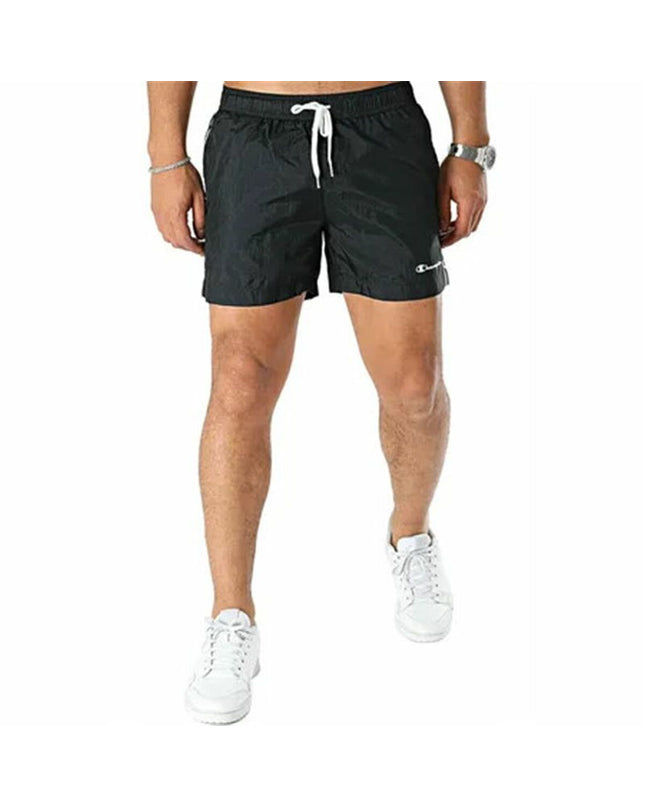 Black Champion men's swim trunks for sports and outdoor watersports, featuring a comfortable fit and sporty design.