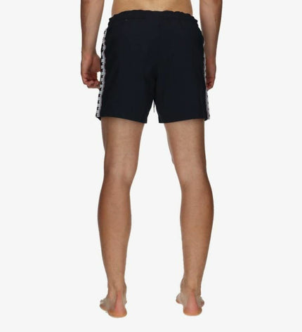 Black Champion men's swim trunk for sports and outdoor watersports, shown with a close-up of the fabric and waistband.