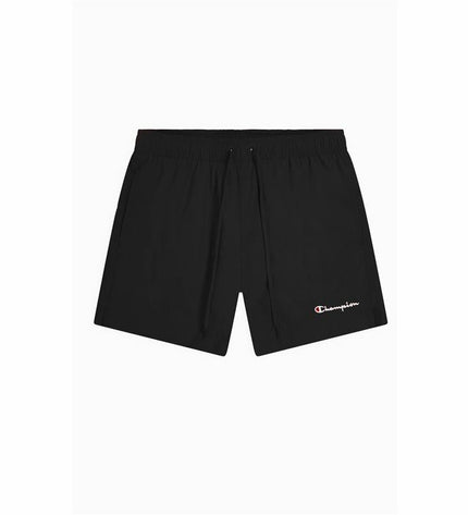 Black Champion men's swim shorts for sports and water activities, featuring a comfortable fit and sporty design.