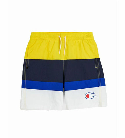 Yellow Champion swim rash guard for kids, suitable for beach and watersport activities, with a close-up of the fabric and logo.