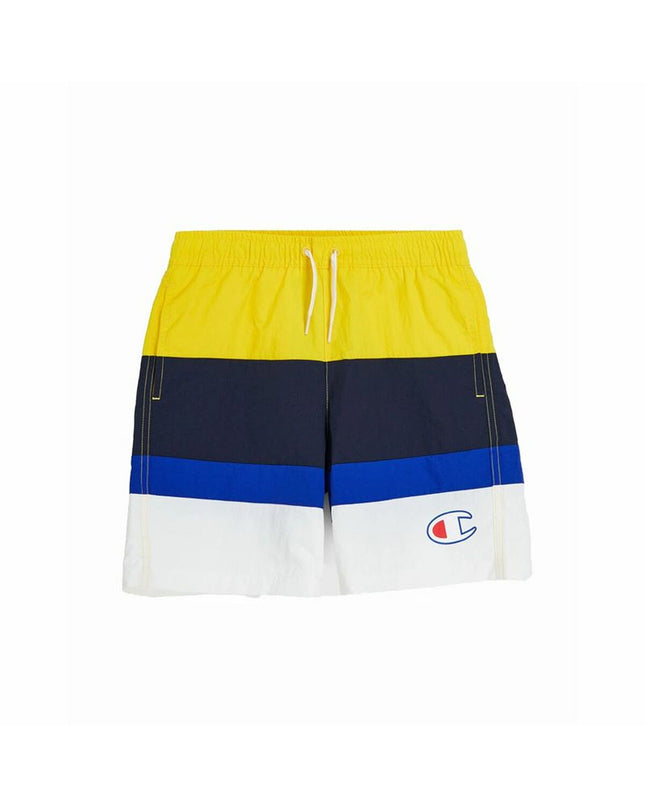 Yellow Champion swim rash guard for kids, suitable for beach and watersport activities, with a close-up of the fabric and logo.