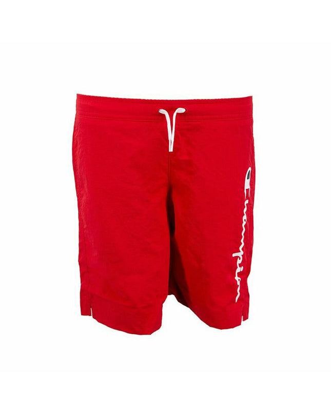 Red Champion kids' swimwear in a sporty design, suitable for outdoor watersports and beach activities.